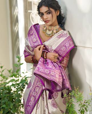 women's beige banarasi silk blend saree with purple border  5