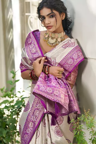 women's beige banarasi silk blend saree with purple border 