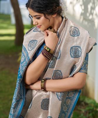 women's beige banarasi silk blend saree with blue border  5
