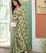 Sutriti women olive green checked linen saree with floral pallu