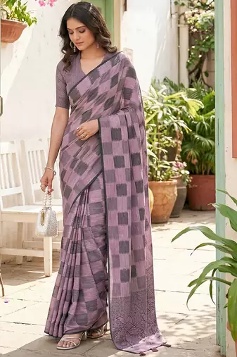 Sutriti women mauve purple checked linen saree with floral pallu