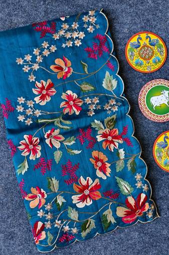 Teal matka silk saree  with heavy floral embroidery border with running blouse