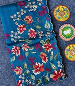Teal matka silk saree  with heavy floral embroidery border with running blouse