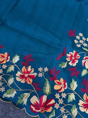 Teal matka silk saree with heavy floral embroidery border with running blouse 2