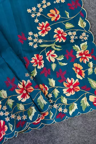 Teal matka silk saree with heavy floral embroidery border with running blouse