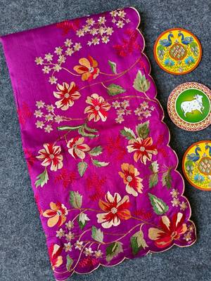Pink matka silk saree with heavy floral embroidery border with running blouse 1