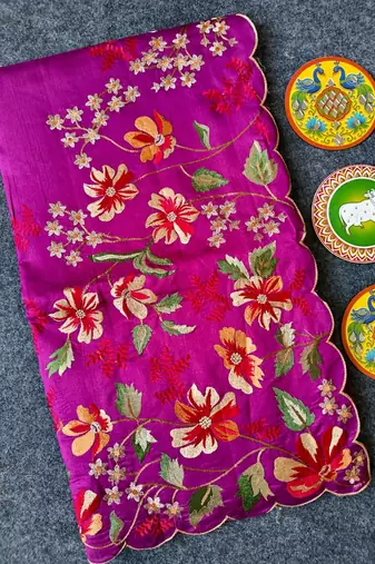 Pink matka silk saree  with heavy floral embroidery border with running blouse