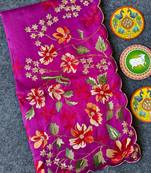 Pink matka silk saree  with heavy floral embroidery border with running blouse