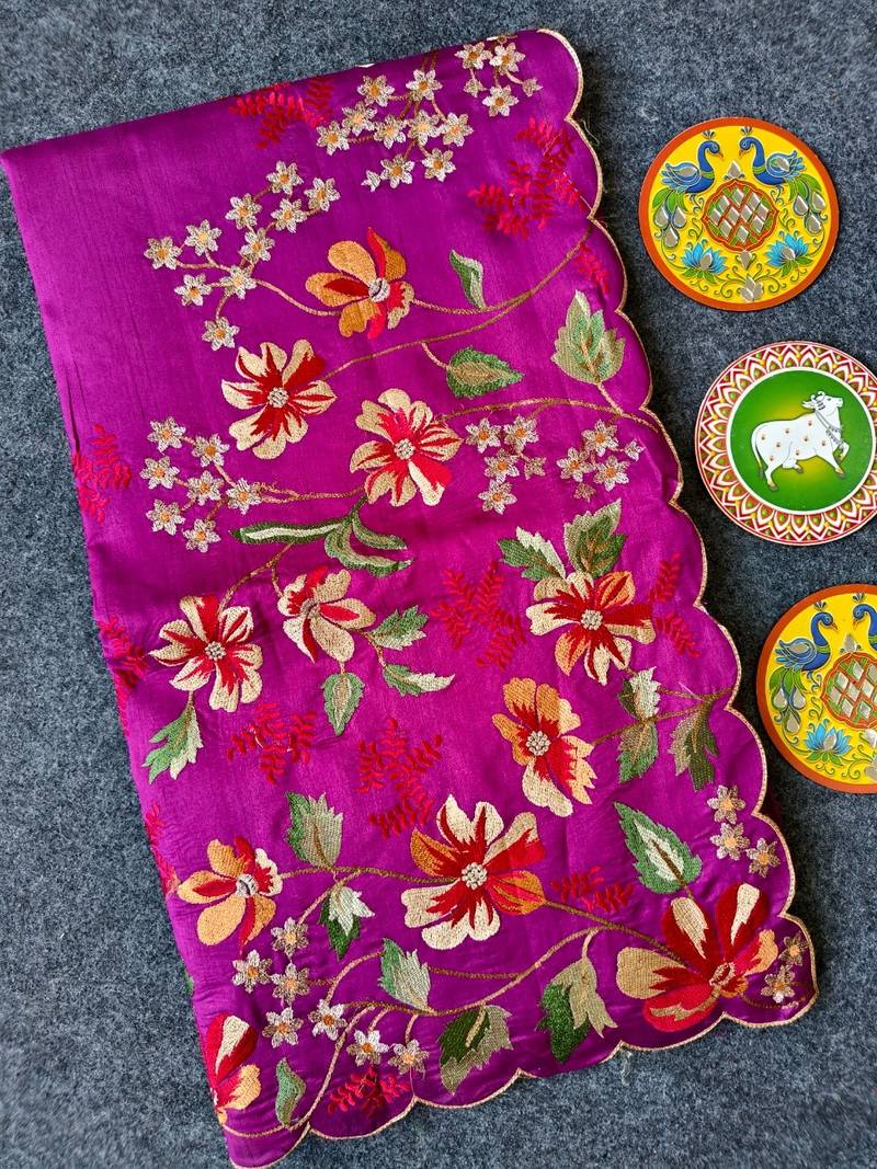 Pink matka silk saree  with heavy floral embroidery border with running blouse