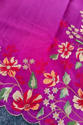 Pink matka silk saree with heavy floral embroidery border with running blouse