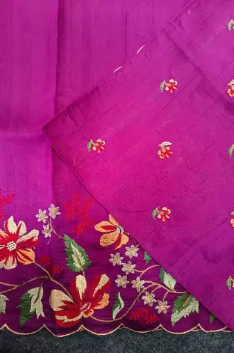Pink matka silk saree with heavy floral embroidery border with running blouse