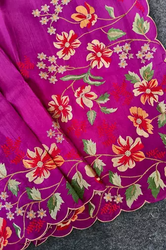 Pink matka silk saree with heavy floral embroidery border with running blouse