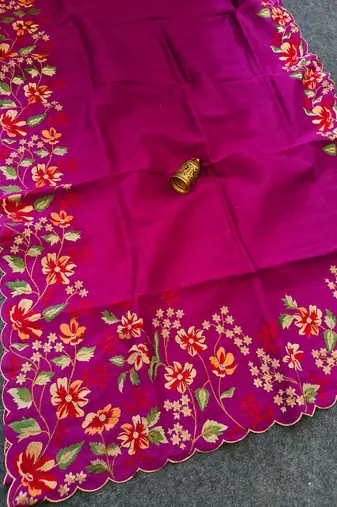 Pink matka silk saree with heavy floral embroidery border with running blouse