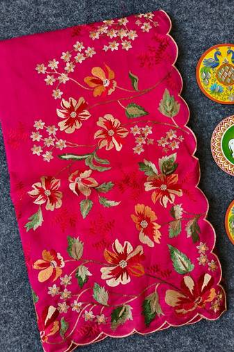 Red matka silk saree  with heavy floral embroidery border with running blouse