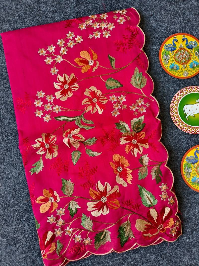 Red matka silk saree  with heavy floral embroidery border with running blouse