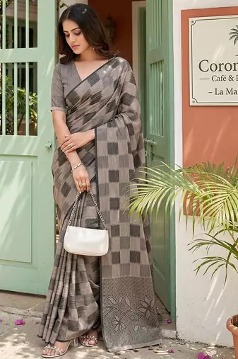 Sutriti women taupe brown checked linen saree with floral pallu