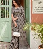 women taupe brown checked linen saree with floral pallu