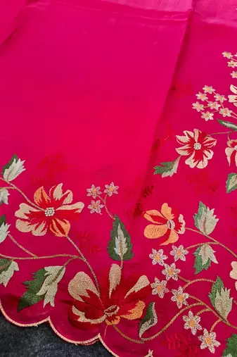 Red matka silk saree with heavy floral embroidery border with running blouse