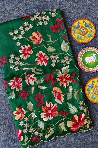 Green matka silk saree  with heavy floral embroidery border with running blouse