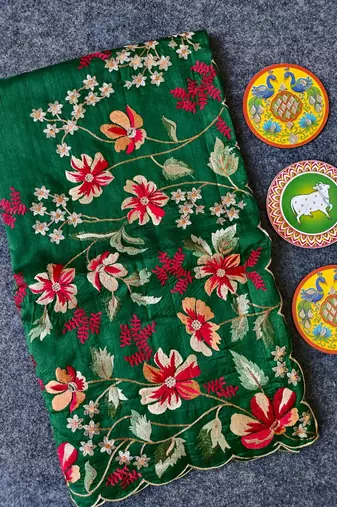 Green matka silk saree  with heavy floral embroidery border with running blouse