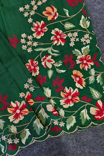 Green matka silk saree with heavy floral embroidery border with running blouse
