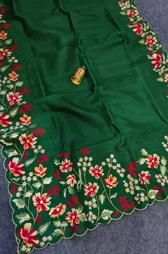 Green matka silk saree with heavy floral embroidery border with running blouse