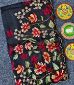 Black matka silk saree  with heavy floral embroidery border with running blouse