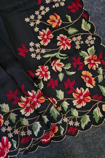 Black matka silk saree with heavy floral embroidery border with running blouse