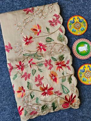 Beige matka silk saree with heavy floral embroidery border with running blouse 1