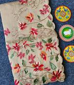 Beige matka silk saree  with heavy floral embroidery border with running blouse