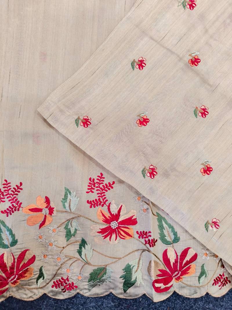 Beige matka silk saree  with heavy floral embroidery border with running blouse