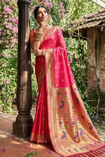 Sutriti women's rani pink paithani soft silk saree for festive party & wedding wear with blouse