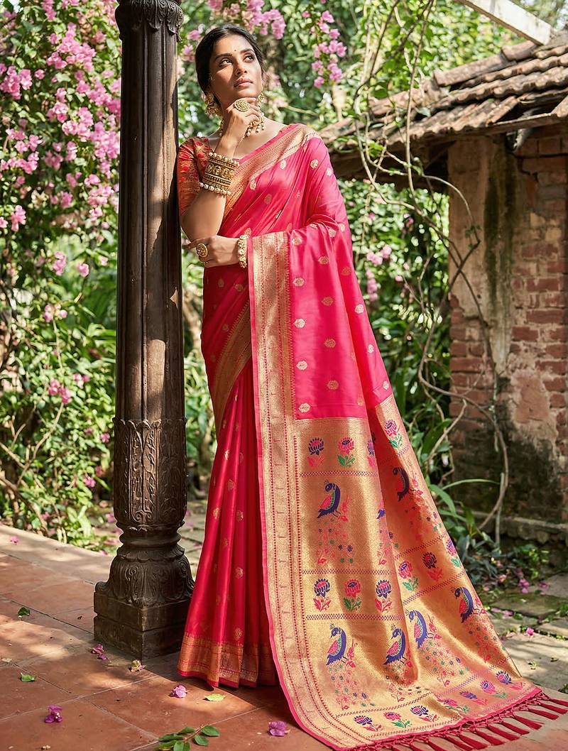 Sutriti women's rani pink paithani soft silk saree for festive party & wedding wear with blouse