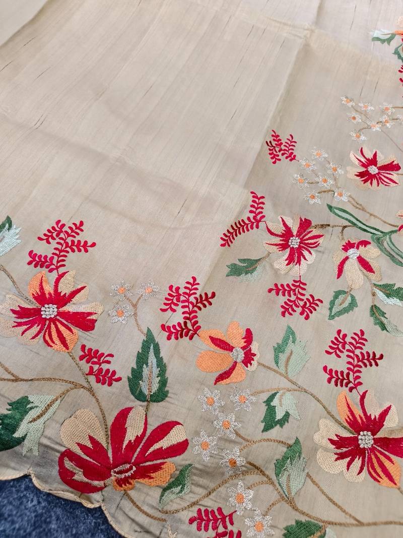 Beige matka silk saree  with heavy floral embroidery border with running blouse