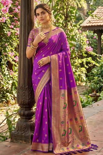 Sutriti women's purple paithani soft silk saree for festive party & wedding wear with blouse piece