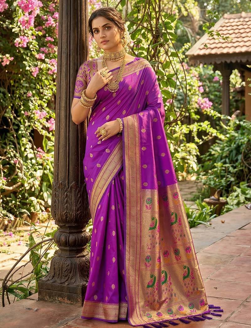 Sutriti women's purple paithani soft silk saree for festive party & wedding wear with blouse piece