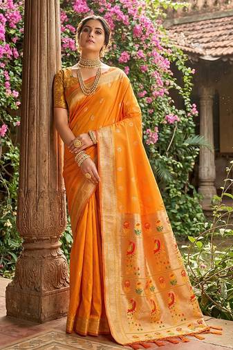 Sutriti women's mustard yellow paithani soft silk saree for festive party & wedding wear with blouse