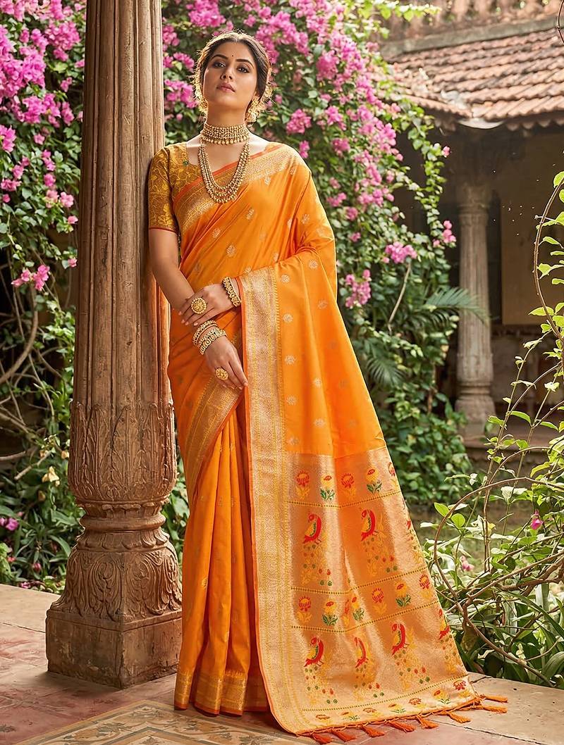 Sutriti women's mustard yellow paithani soft silk saree for festive party & wedding wear with blouse