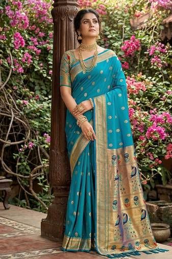 Sutriti women's sky blue paithani soft silk saree for festive party & wedding wear with blouse piece