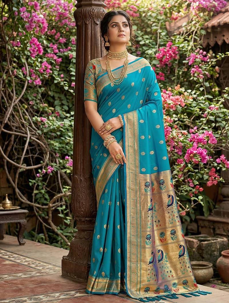 Sutriti women's sky blue paithani soft silk saree for festive party & wedding wear with blouse piece