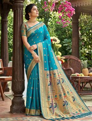 women's sky blue paithani soft silk blend saree for festive party & wedding wear with blouse piece 4