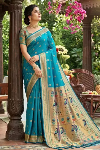 women's sky blue paithani soft silk blend saree for festive party & wedding wear with blouse piece