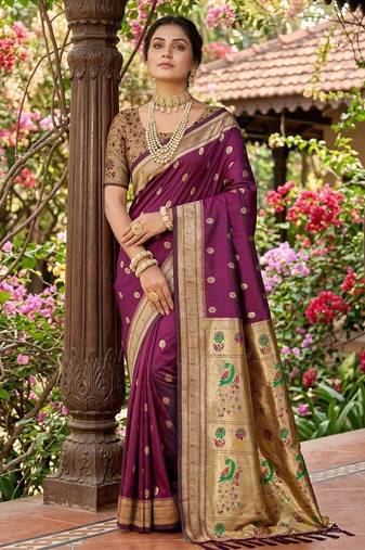 Sutriti women's deep purple paithani soft silk saree for festive party & wedding wear with blouse