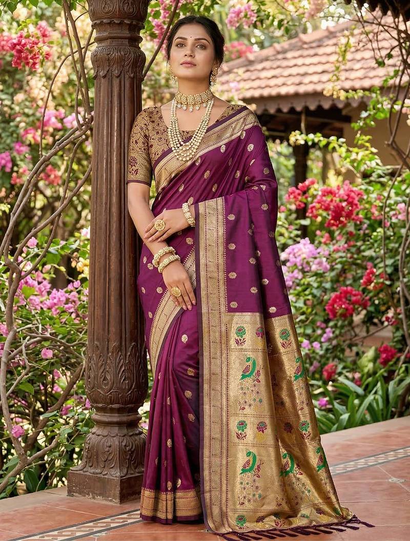 Sutriti women's deep purple paithani soft silk saree for festive party & wedding wear with blouse