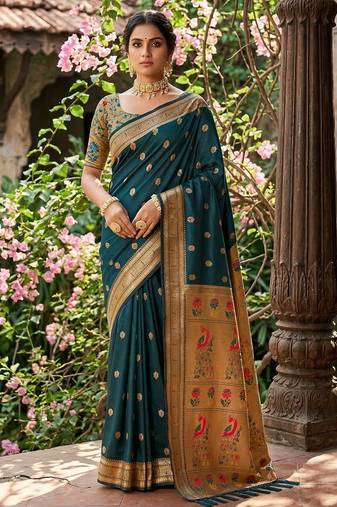 Sutriti women's dark teal paithani soft silk saree for festive party & wedding wear with blouse