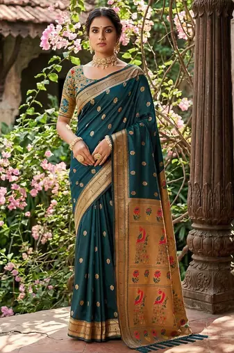 Sutriti women's dark teal paithani soft silk saree for festive party & wedding wear with blouse
