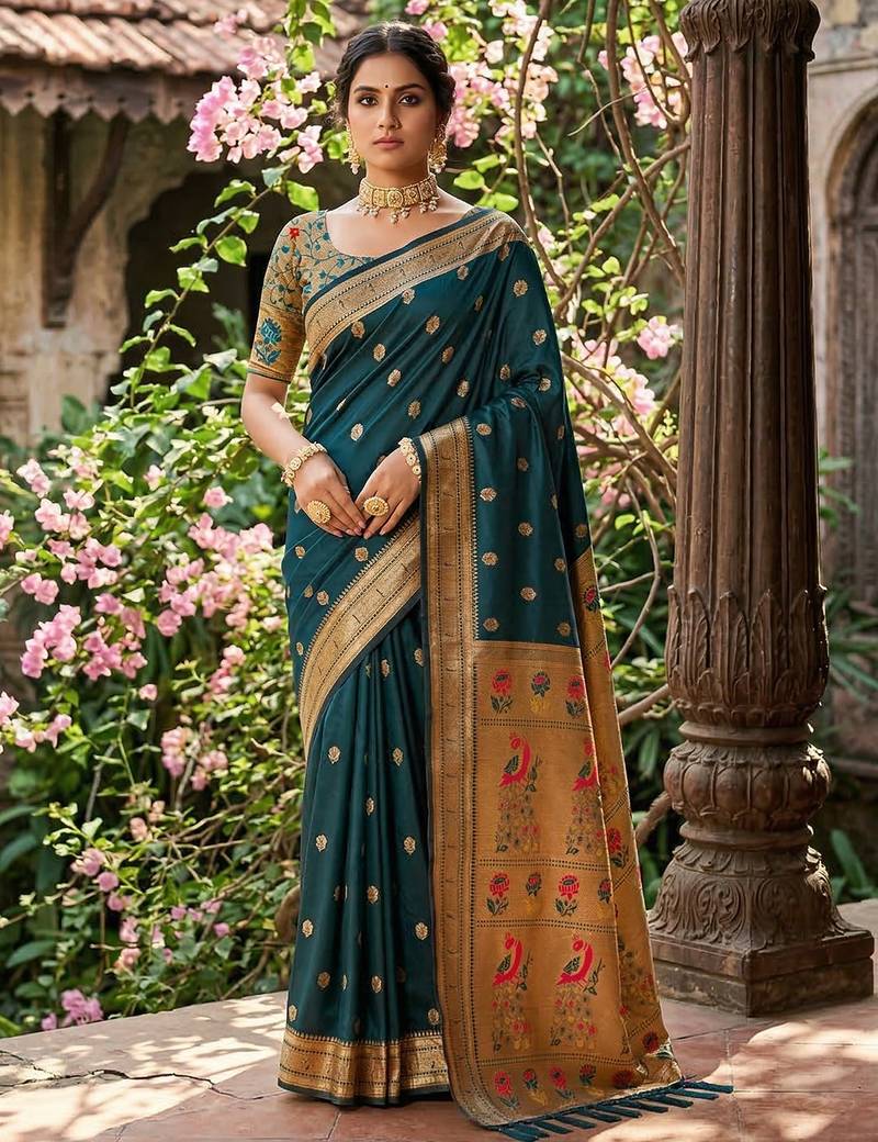 Sutriti women's dark teal paithani soft silk saree for festive party & wedding wear with blouse