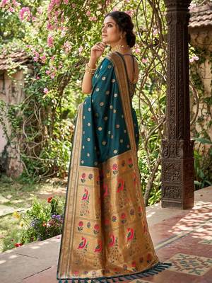 women's dark teal paithani soft silk blend saree for festive party & wedding wear with blouse 4