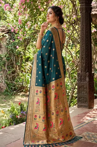 women's dark teal paithani soft silk blend saree for festive party & wedding wear with blouse