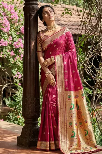 Sutriti women's magenta paithani soft silk saree for festive party & wedding wear with blouse piece